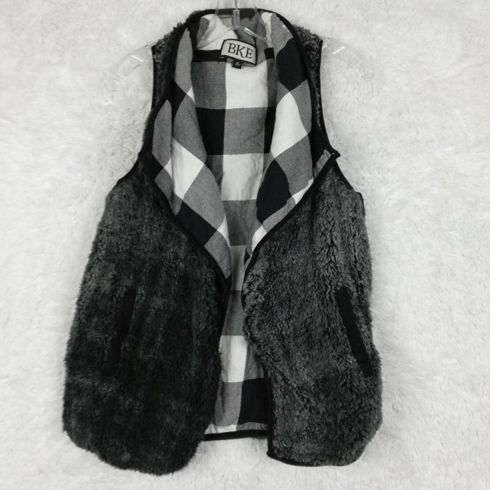 BKE Womens Vest Sleeveless Faux Fur‎ Gray Checked Shawl Lined Plaid M